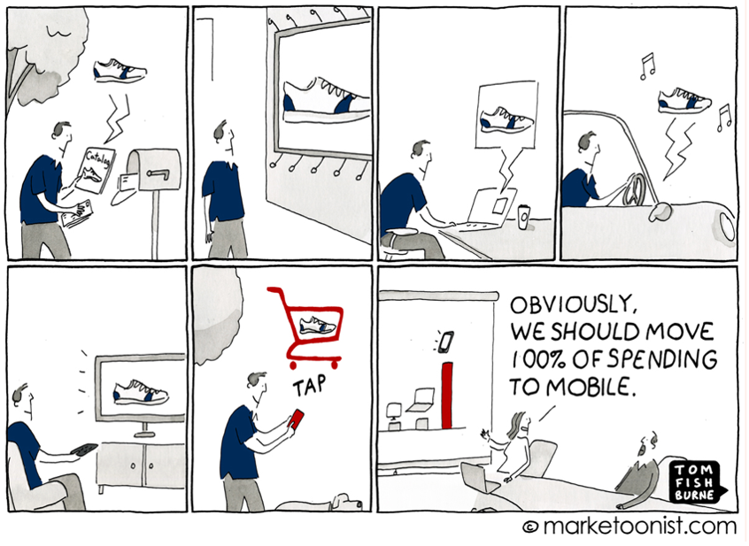 Last-click attribution paints a quite distorted picture of how marketing is driving results. Comic by marketoonist