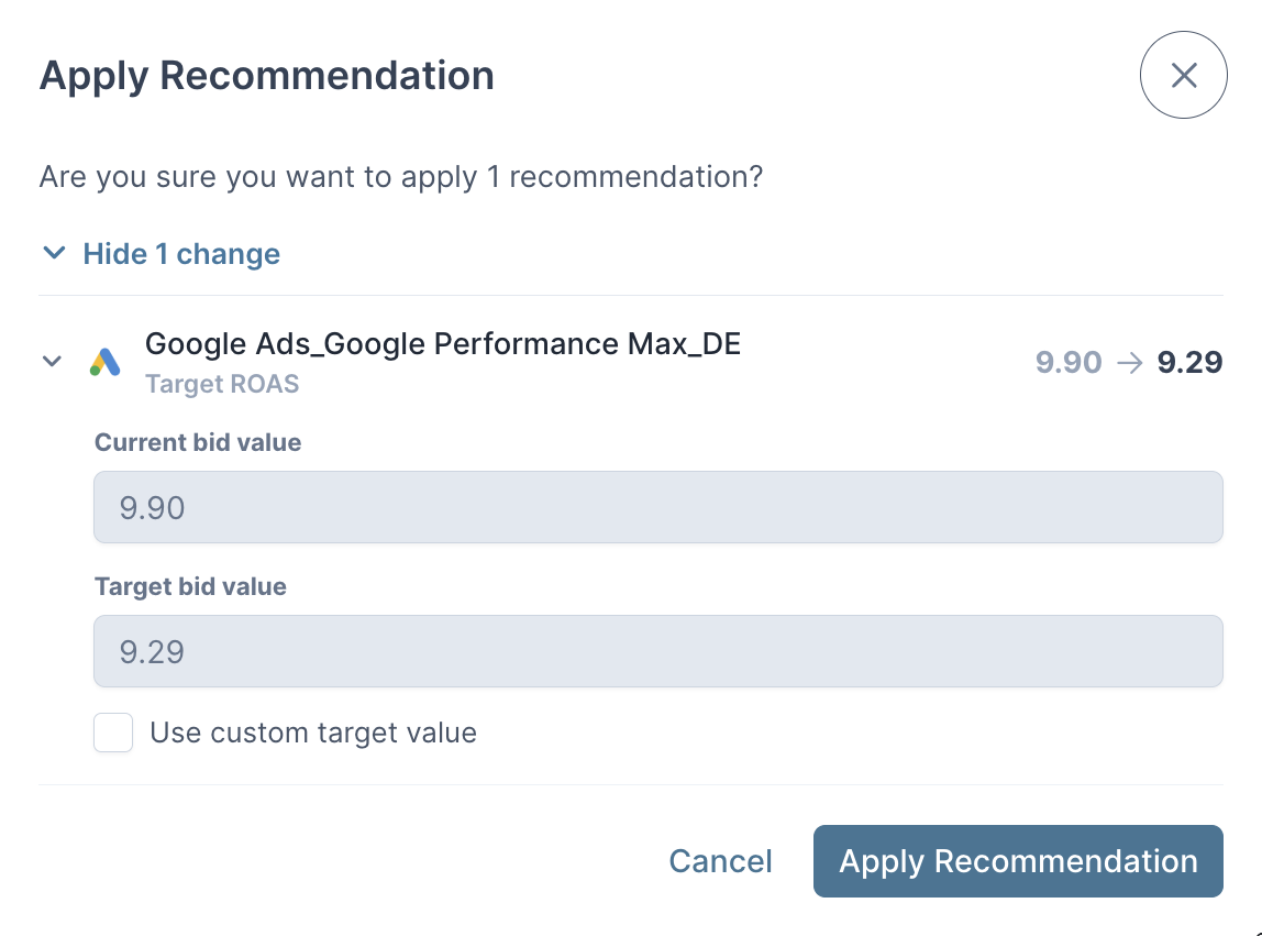 Sellforte Activate Apply Recommendation confirmation dialog showing current and target bid values with custom override option