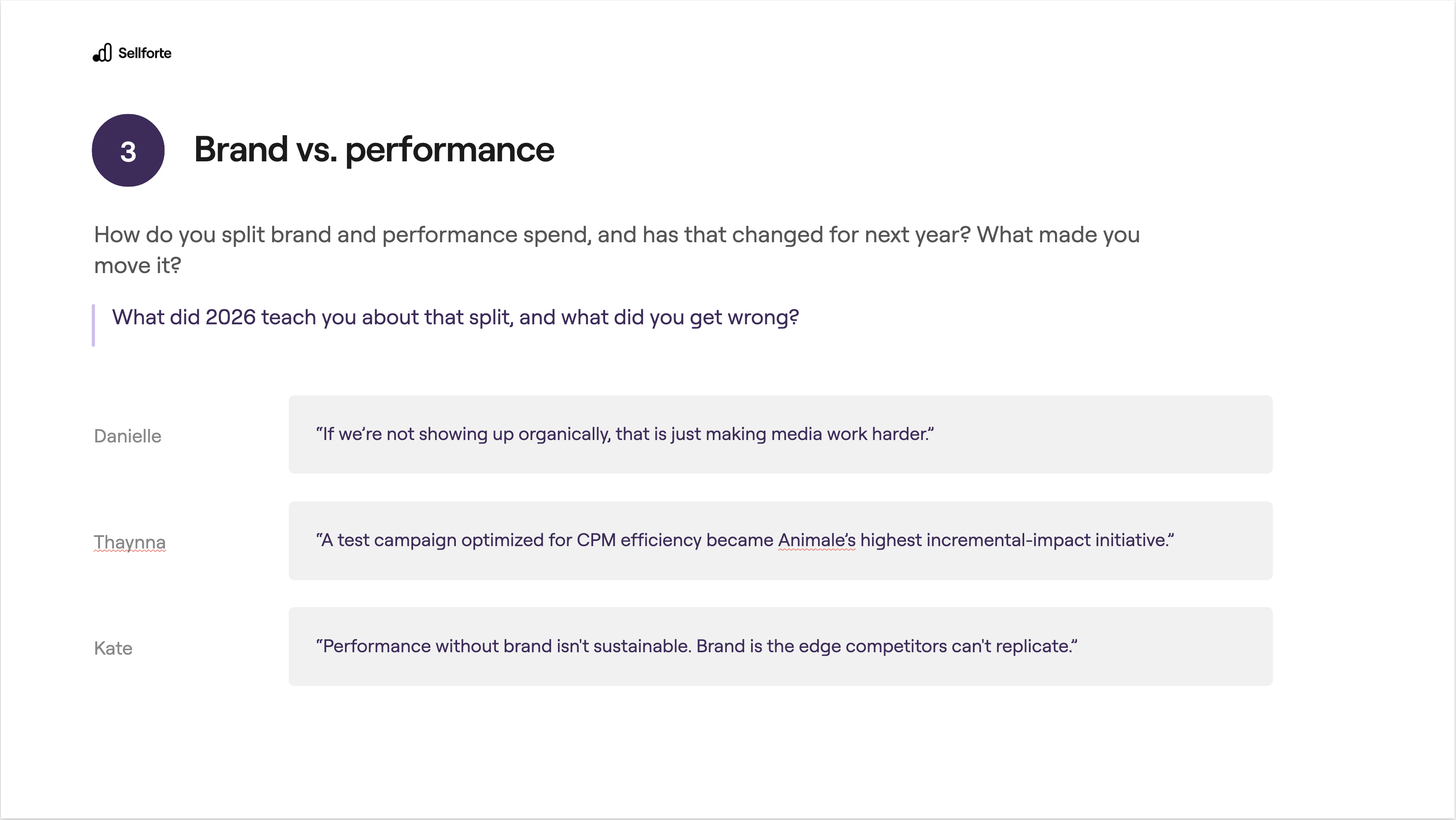 Brand vs. performance: how the panel splits brand and performance spend.