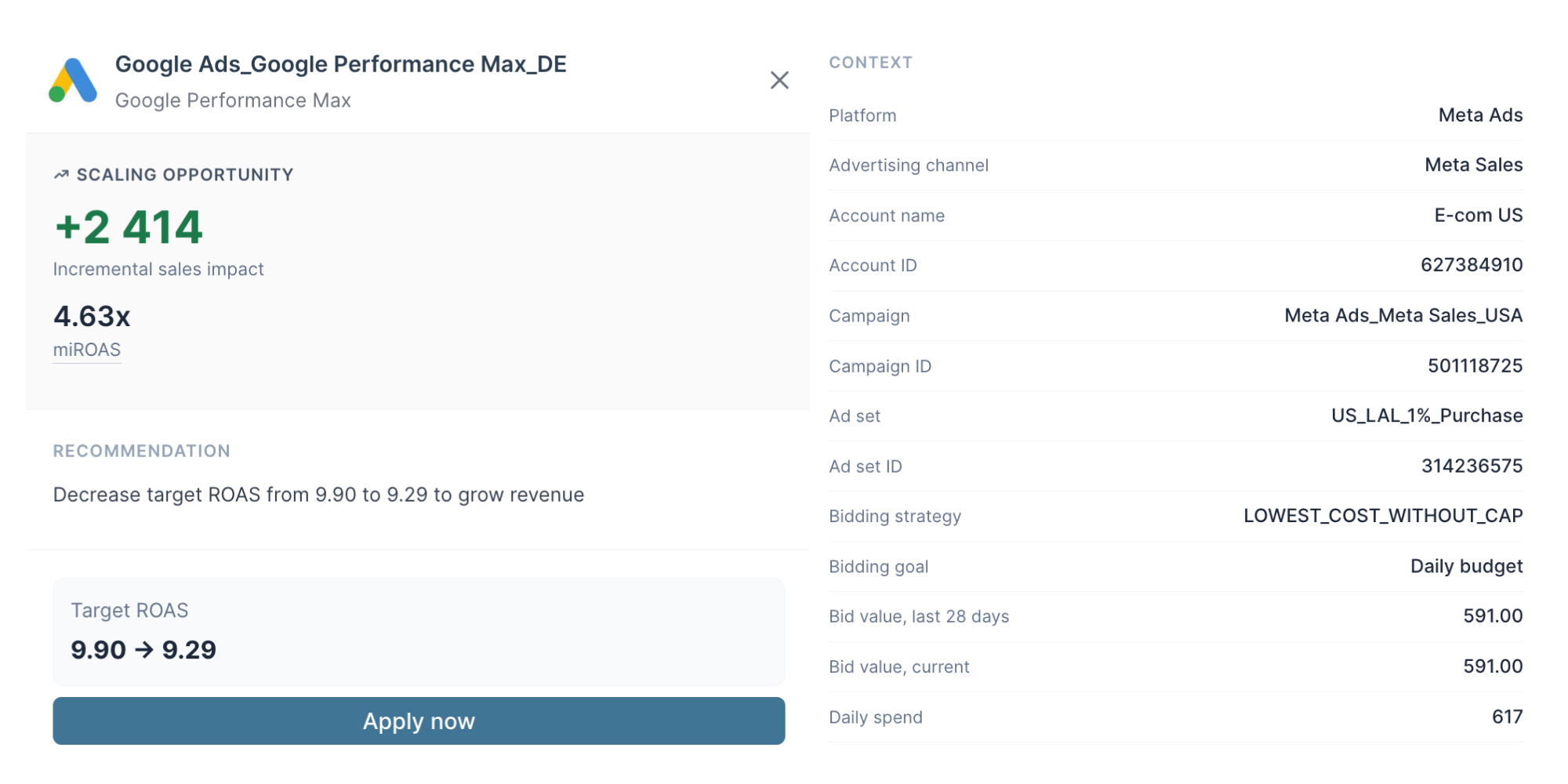 Sellforte Activate detail view showing recommendation rationale, incremental sales impact, miROAS, and campaign context