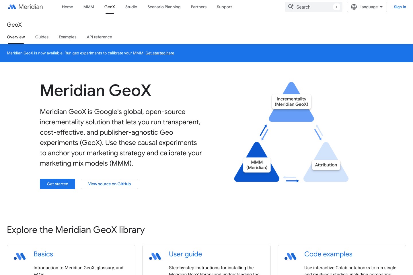 Screenshot of Google’s Meridian GeoX overview page, captured September 9, 2026.