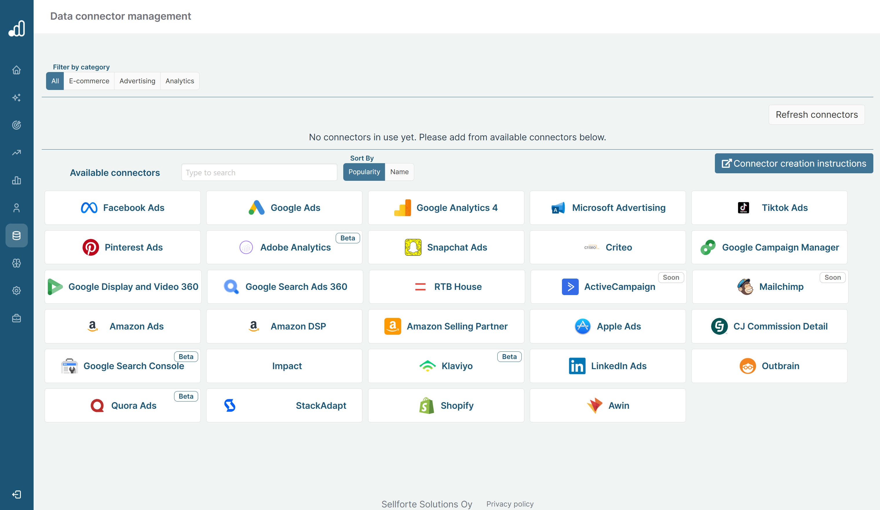 Sellforte's Data Connector view