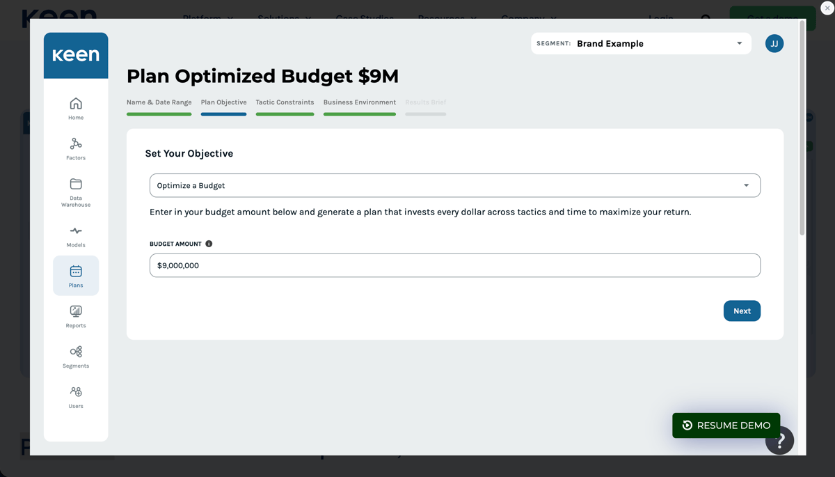 Keen platform screen for planning an optimized budget by setting a budget objective