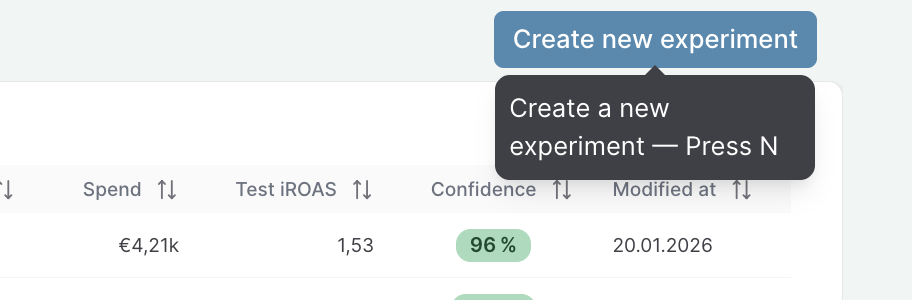 Creating a new experiment in Sellforte