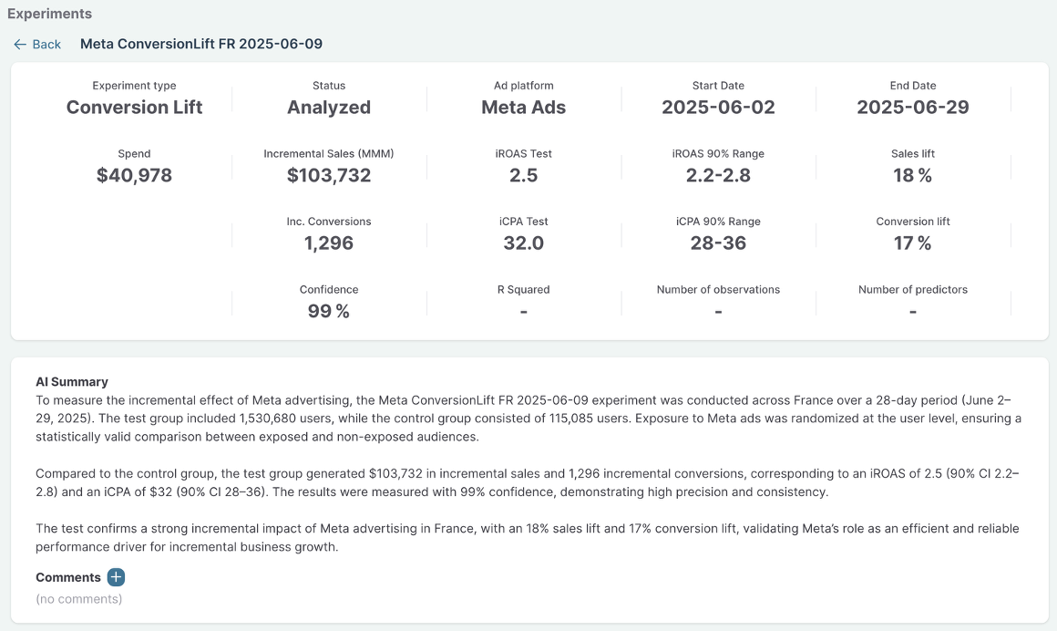 Conversion Lift test analysis in Sellforte Experiments