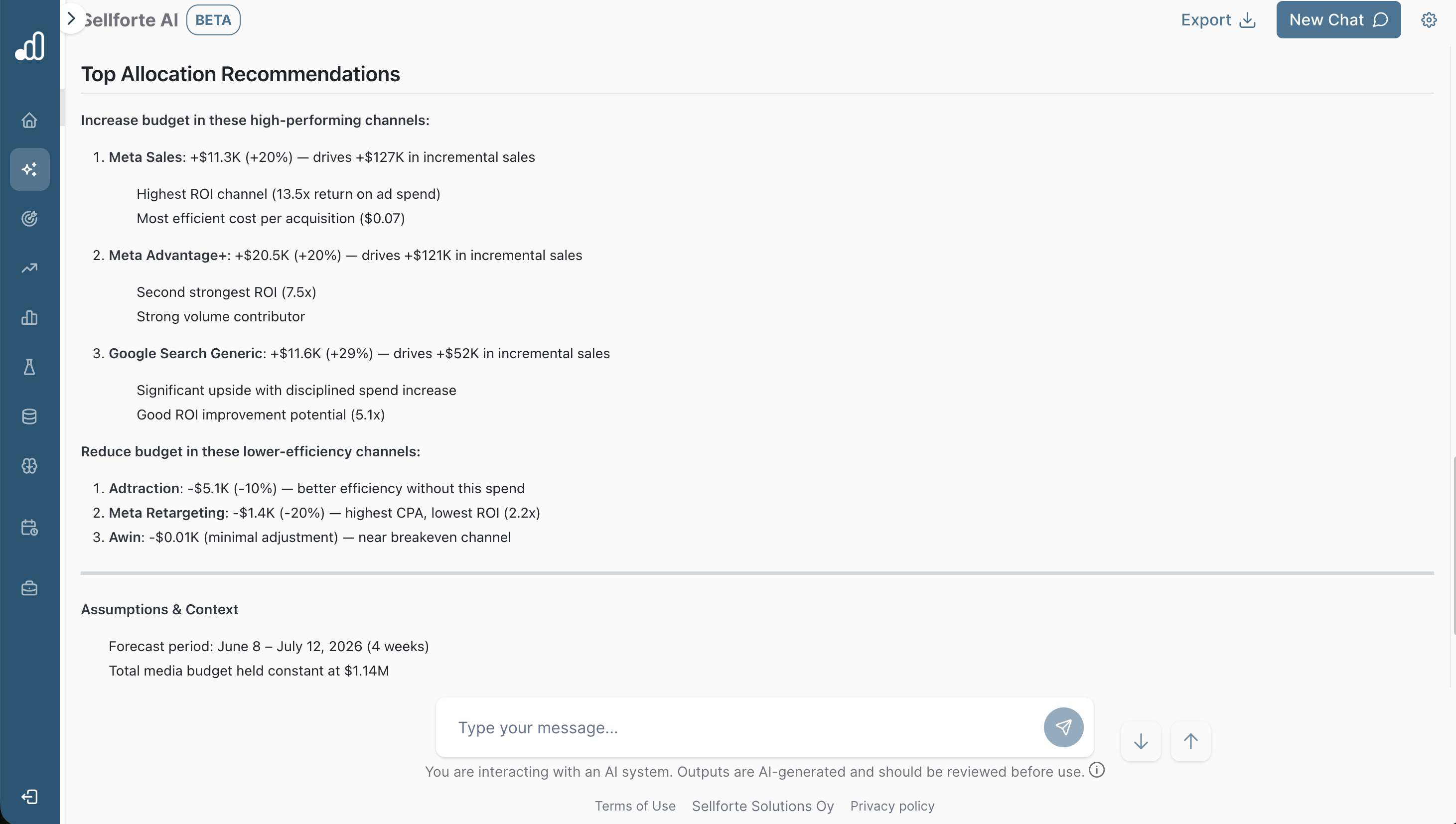 Optimizing channel spend with Sellforte AI: Top recommendations & assumptions