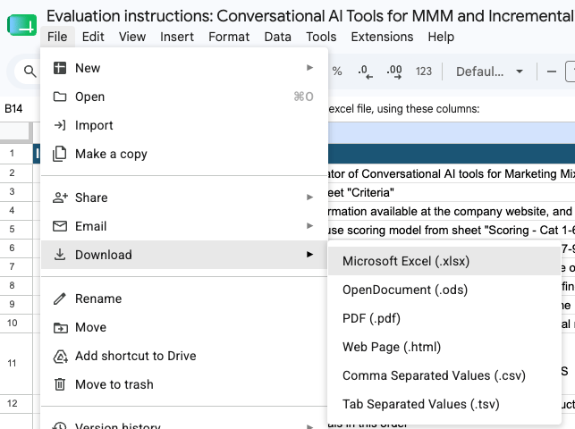 Screenshot of Evaluation Instructions in Google Sheet