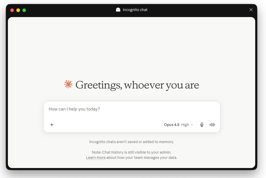 Screenshot of Claude Incognito mode