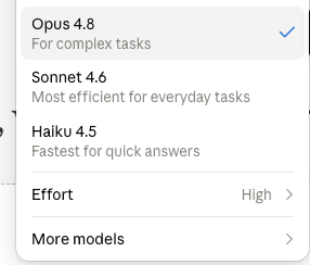 Screenshot of Claude model selection with Opus 4.8 highlighted