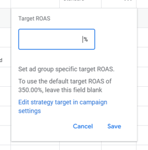 Target ROAS setting for an Ad Group in Google Ads.