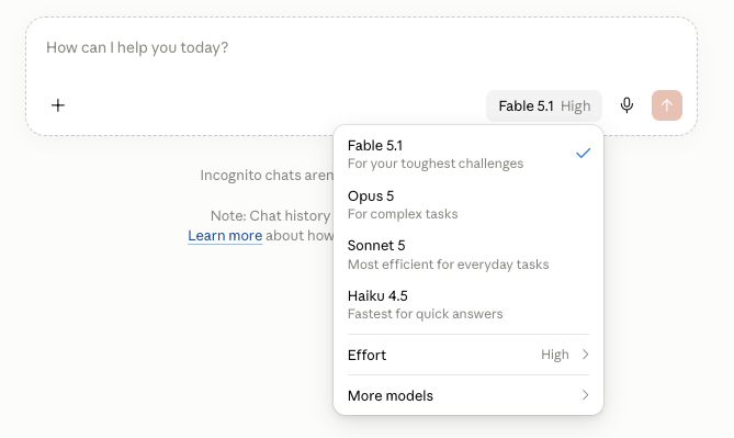 Screenshot of Claude model selection