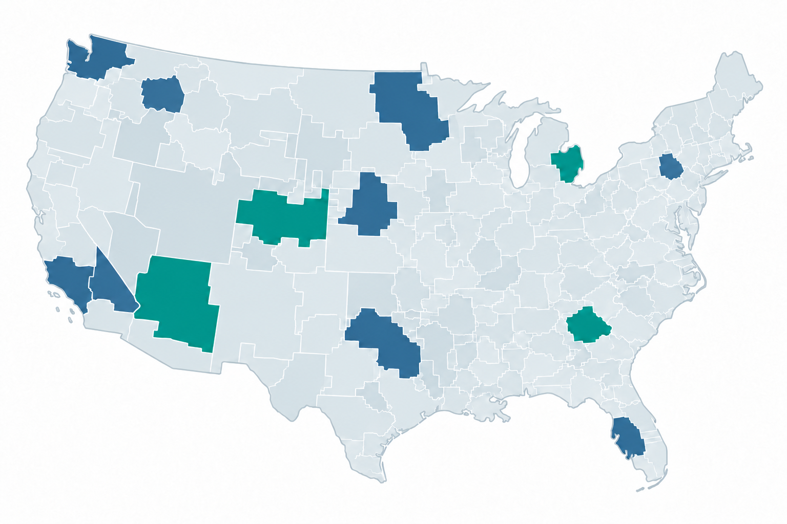 US map divided into simplified SMA regions, with selected test regions filled teal and control regions blue. Other SMAs are light gray.