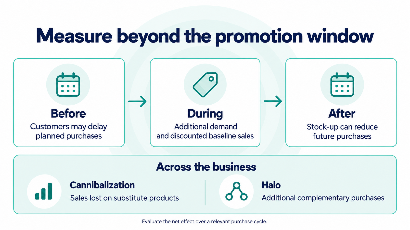 Promotion analysis should cover the campaign, related products, and purchases before and after the offer.